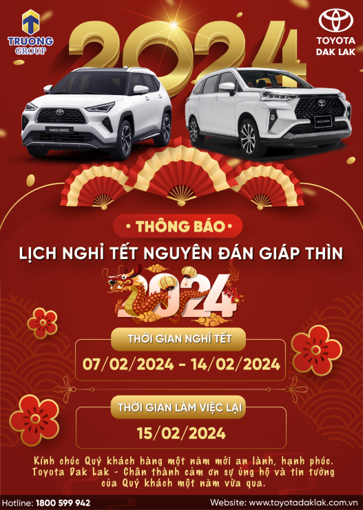 TOYOTA DAK LAK THÔNG BÁO LỊCH NGHỈ TẾT NGUYÊN ĐÁN GIÁP THÌN 2024 ️