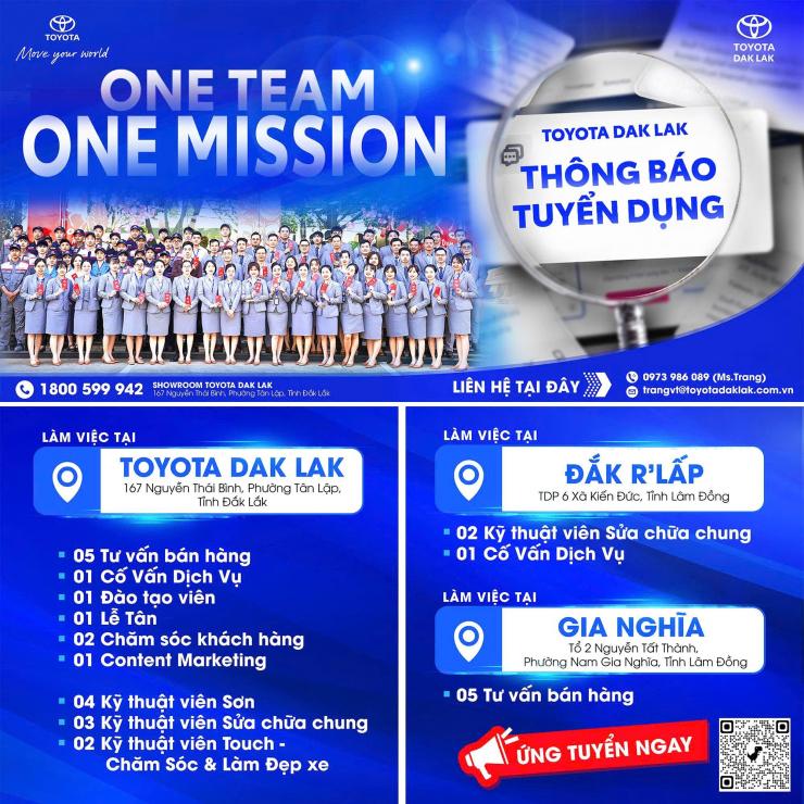 TOYOTA ĐẮK LẮK TUYỂN DỤNG NHIỀU VỊ TRÍ TẠI ĐẮK LẮK – ĐẮK R'LẤP – GIA NGHĨA