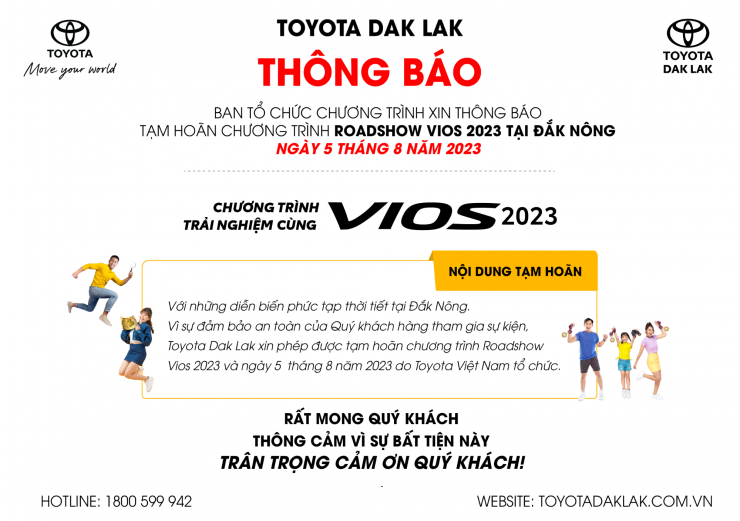 [THÔNG BÁO] TẠM HOÃN CHƯƠNG TRÌNH ROADSHOW VIOS 2023 TẠI ĐẮK NÔNG