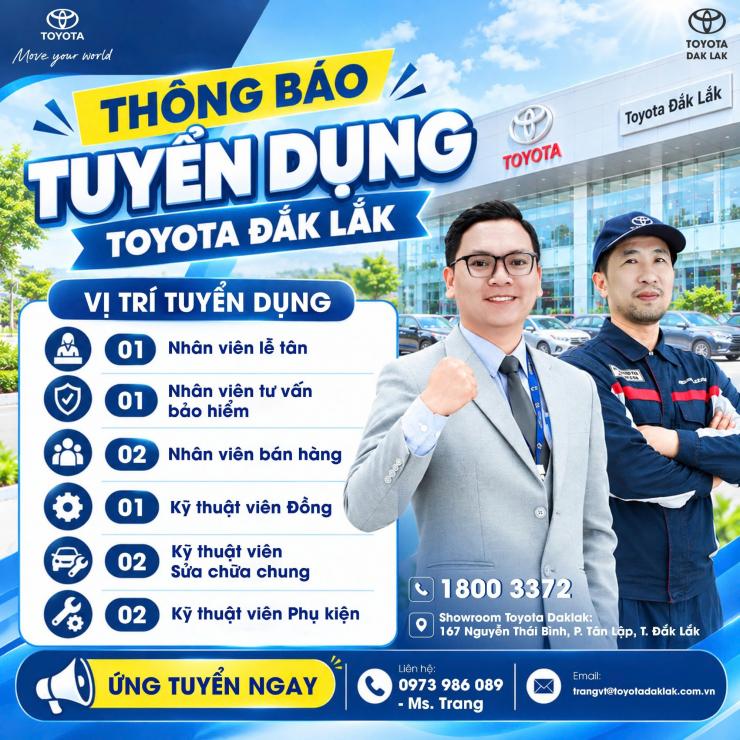 THÔNG BÁO TUYỂN DỤNG NHÂN SỰ TẠI TOYOTA ĐẮK LẮK THÁNG 09.2026